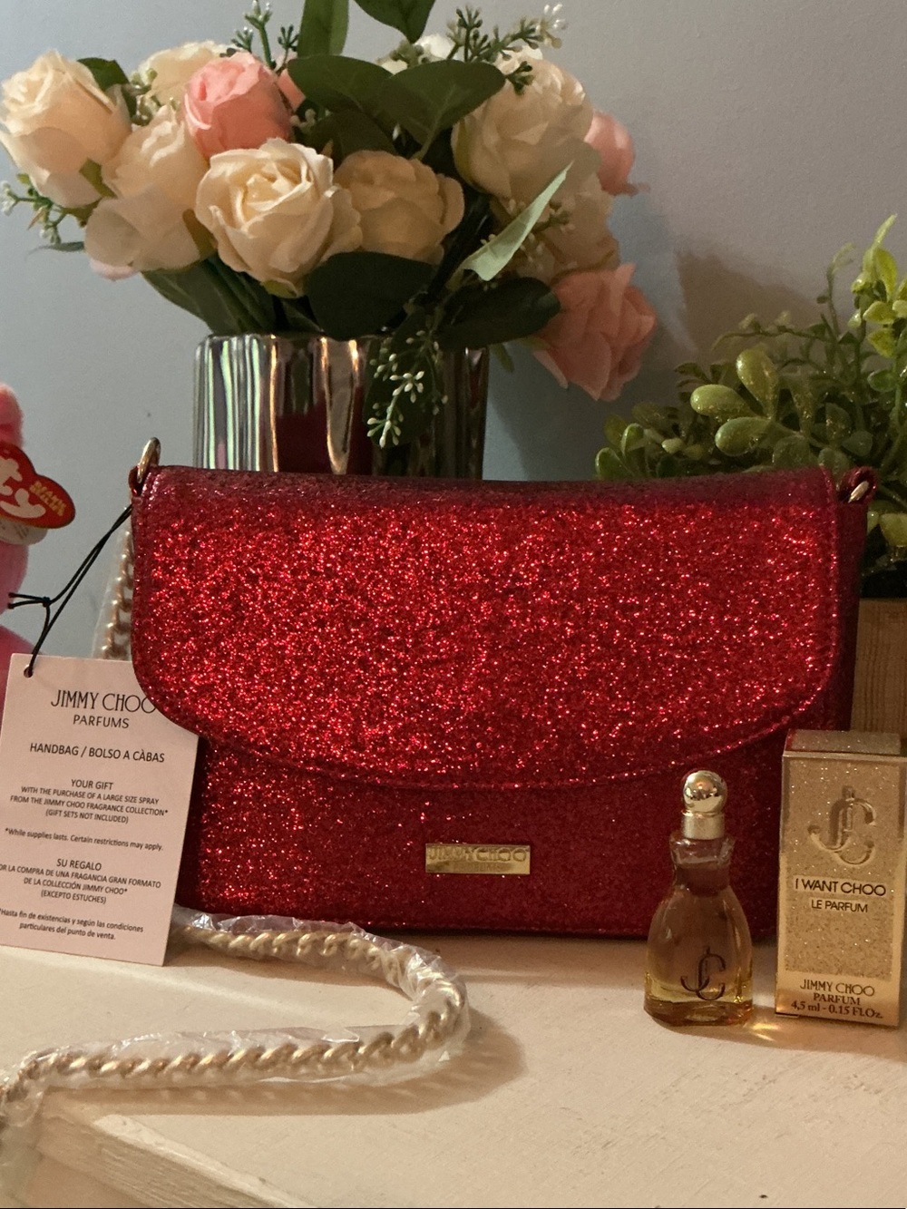 Jimmy Choo Red Glitter Crossbody Bag with Gold Hardware With Parfum